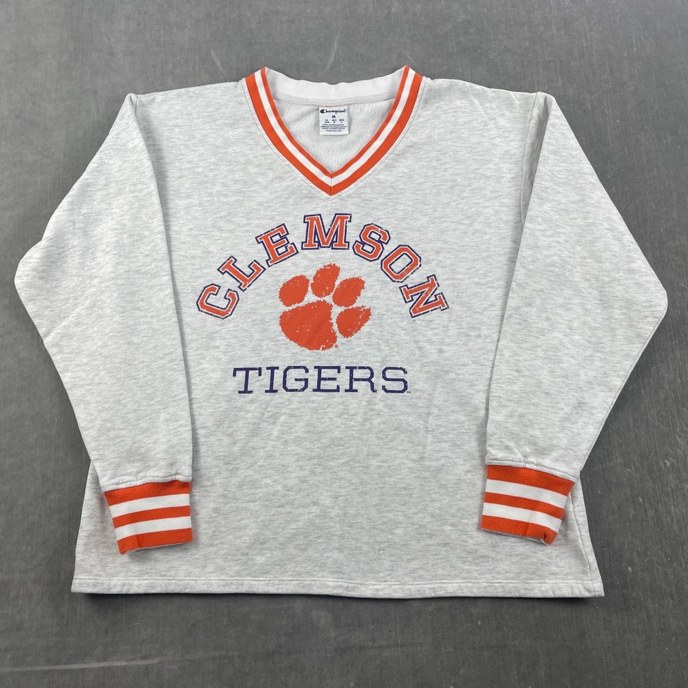 Clemson Tigers Champion Men Medium Gray V-Neck Sweatshirt Pullover Collegiate